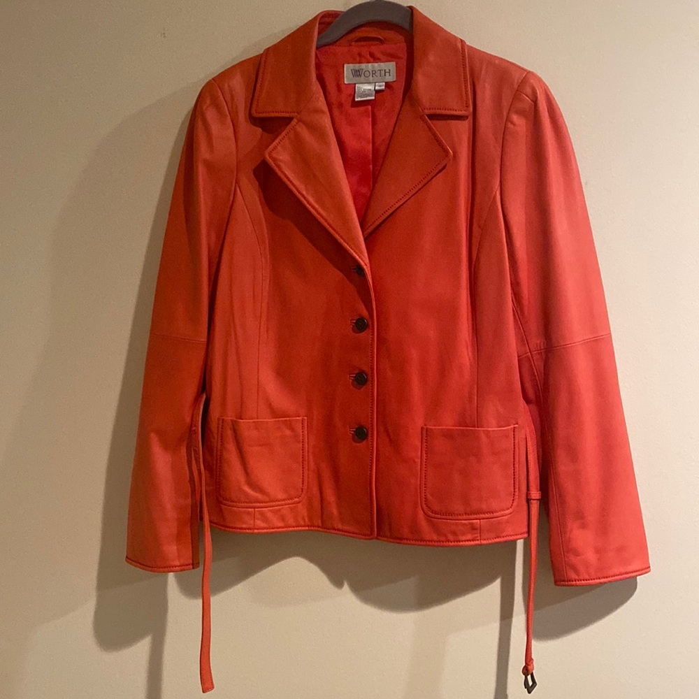 Worth coral Belted leather Jacket. Size 12